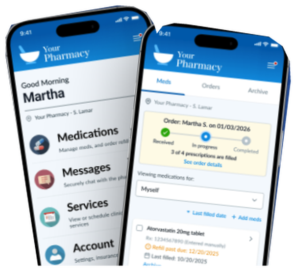 Two phones showing a preview of the patient portal's home screen and medication list